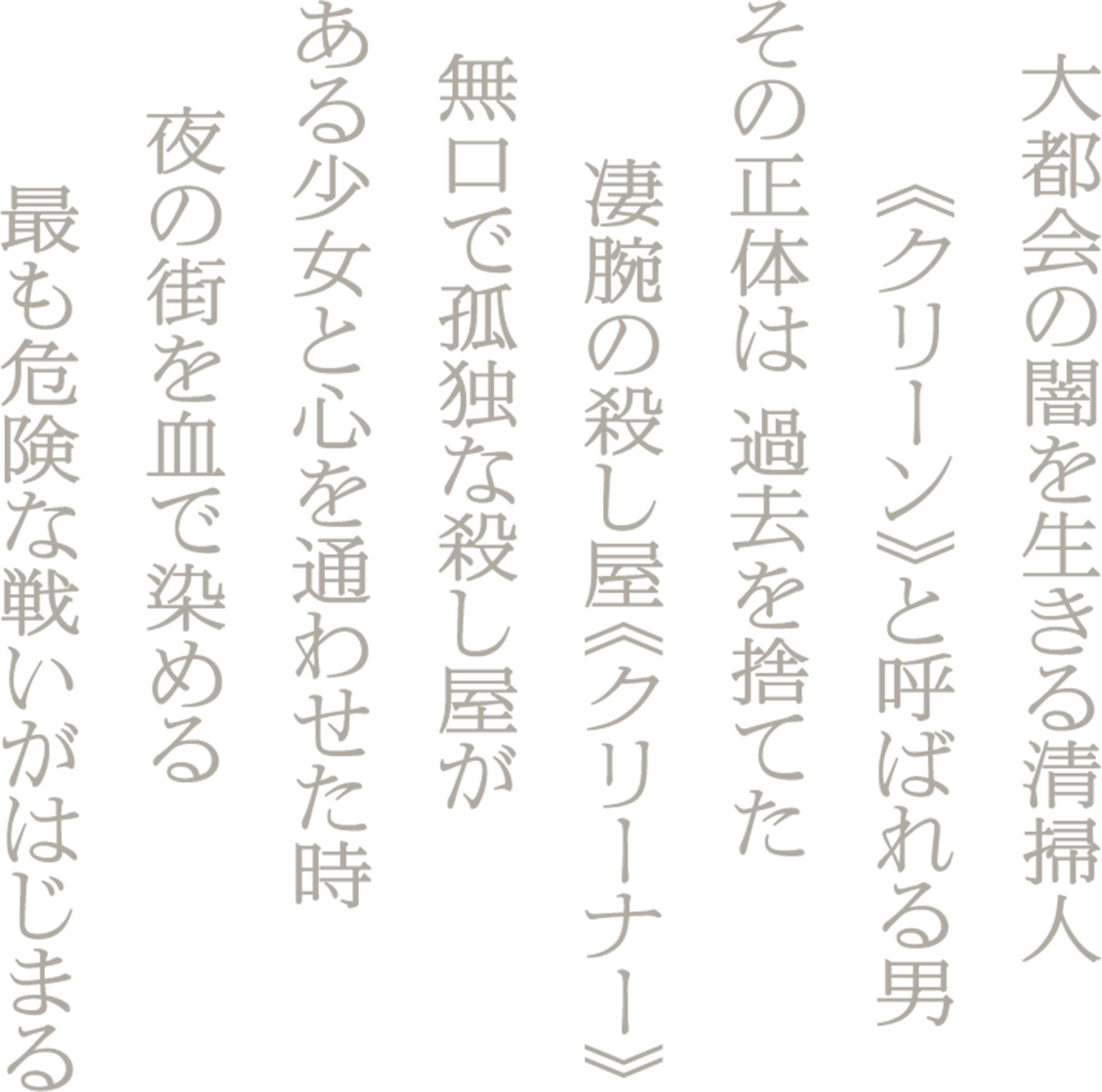 都会の闇を生きる清掃人　《クリーン》と呼ばれる男その正体は 過去を捨てた凄腕の殺し屋《クリーナー》 無口で孤独な殺し屋が　ある少女と心を通わせた時 夜の街を血で染める　最も危険な戦いがはじまる