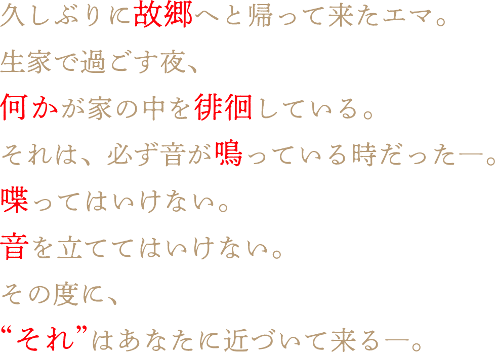 久しぶりに故郷へと帰って来たエマ。
				生家で過ごす夜、何かが家の中を徘徊している。
				それは、必ず音が鳴っている時だった―。
				喋ってはいけない。音を立ててはいけない。
				その度に、“それ”はあなたに近づいて来る―。
				